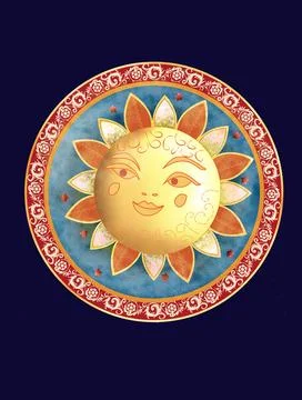 Beautiful antique pattern and stylized sun, made by hand, in the ancient Ru.. Stock Illustration