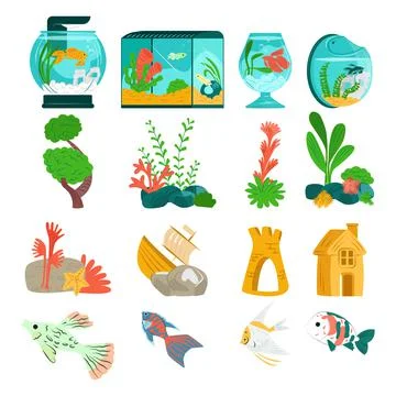 Beautiful aquarium set fish, vector illustration. Aquatic collection designer Stock Illustration