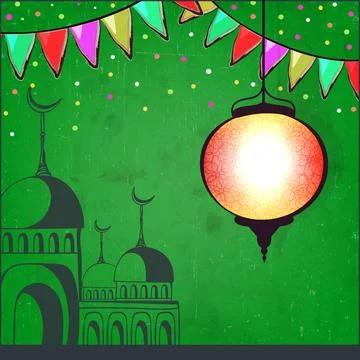 Beautiful Arabic lantern and mosque on green background, Elegant greeting c.. Stock Illustration
