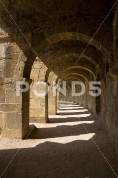 Beautiful arcade of the ancient theater near the town of Aspendos. Stock Photos
