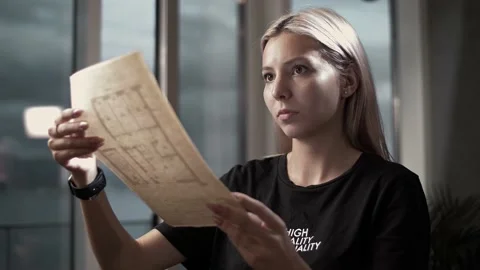 Beautiful architect studying a project plan on a sheet of paper Stock Footage 223103691