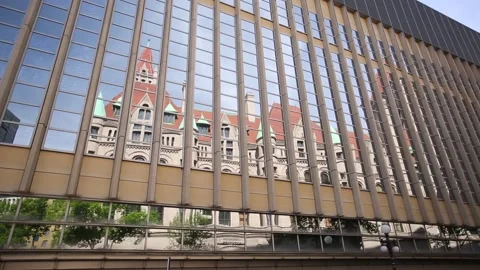 Beautiful architecture of a historical building in reflection of the glass, USA Stock Footage 155790746