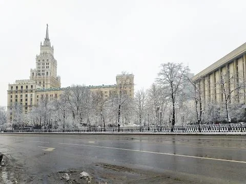 Beautiful architecture of Moscow Soviet-built in winter. Stock Photos