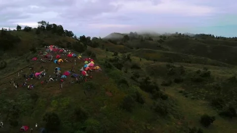 BEAUTIFUL ARIAL VIEW  CAMP AT THE TOP OF PRAU MOUNTAIN Stock Footage 134989660