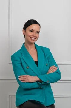 Beautiful Arm Crossed Brunette Dark Brown Hair Caucasian Woman Wearing Aqua.. Stock Photos