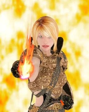 Beautiful armed maiden looking at a fire Stock Illustration
