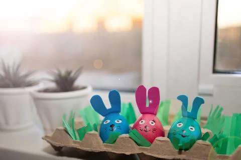 A Beautiful Array of Colorful BunnyThemed Easter Eggs in a Creative and Fun.. Stock Photos