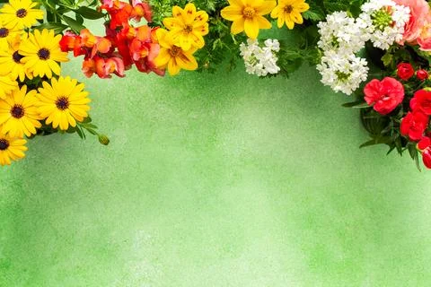 A beautiful array of spring flowers in various colors adorns a balcony, bri.. Stock Photos