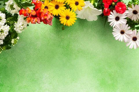A beautiful array of spring flowers in various colors adorns a balcony, bri.. Stock Photos
