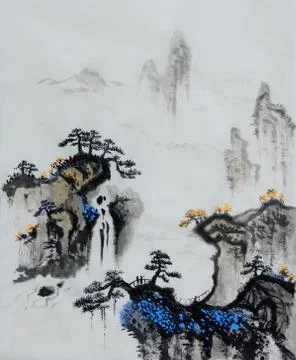 Beautiful artistic waterfall waterfall Zen ink landscape painting Stock Illustration
