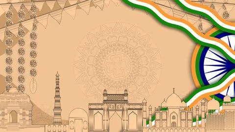 Beautiful ashoka chakra background in light orenge colour and sketch texture. Stock Illustration