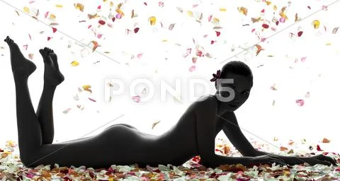 Beautiful asian woman naked lying with flowers petal silhouette Stock Photos