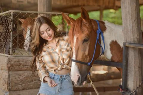 Beautiful asian woman spending a tranquil moment with a horse.Pretty Asian wo Stock Photos