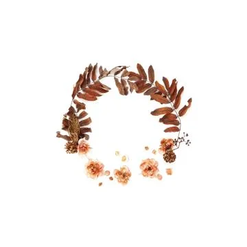 Beautiful autumn composition. Circle frame of leaves , pine and flowers Stock Photos