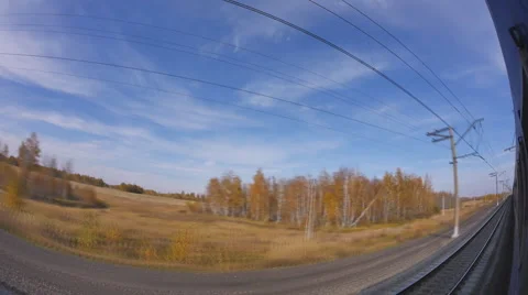 Beautiful autumn forest, view from train moving on railway, Transsib Stock Footage