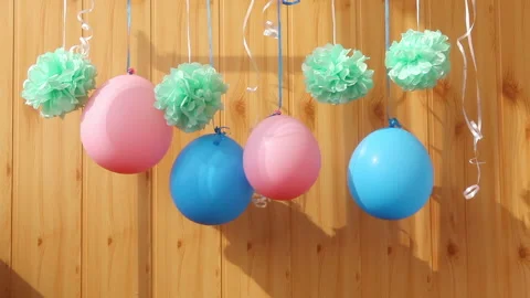 Beautiful background with blue and pink air balloons, happy birthday Stock Footage 162891663