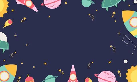 Beautiful background of cosmic elements. Spaceship, rocket, flying saucer Stock Illustration