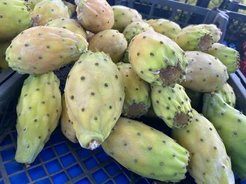 Beautiful background of prickly pears at the fruit and vegetable market. Flat Stock Photos