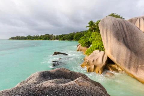 Beautiful bay Anse Source D'Argent in La Digue, Seychelles with scenic granit Stock Photos