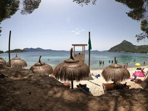 Beautiful beach with huts in Majorca Stock Photos