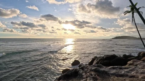 Beautiful beach with powerful waves at sunset in the Indian Ocean Video stock 339905703