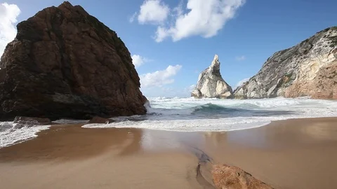 Beautiful beach Praia da Ursa at sunny summer day Stock Footage 77465478