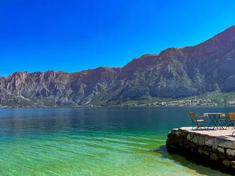 Beautiful beach with sea and mountain views. Montenegro Stock Photos