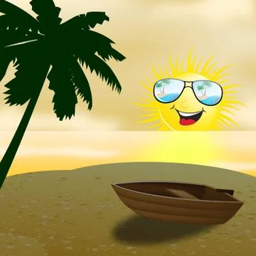 Beautiful Beach Shows Smiling Sun At Sunset 3d Illustration Stock Illustration