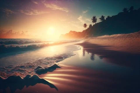 Beautiful beach with sunset or sunrise background Stock Illustration