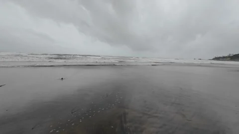 Beautiful Beach With Thunder Stormy Sky And Dark Clouds Stock Footage 280562844