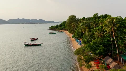 A beautiful beach view with boats, without tourist in Cambodia Stock Footage 246484541