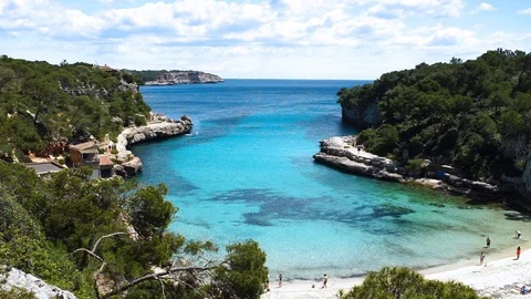 Beautiful beach view of Cala Llombards, idyllic seaside Majorca island, Spain Stock Footage 100679731