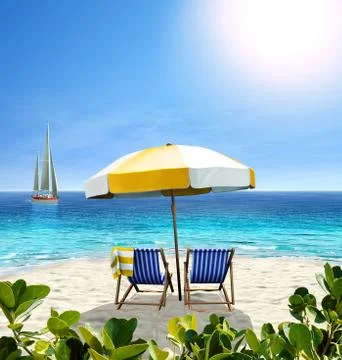Beautiful beach with white sand, two chairs, white-yellow umbrella and a sail Stock Illustration