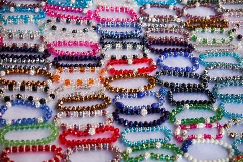 Beautiful beads from ornamental stone and colorful glass. Market, Mercadillo de Stock Photos