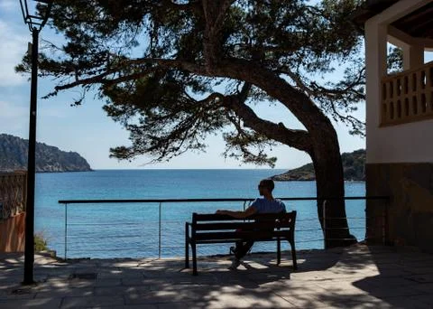 Beautiful bench under a big tree with view to the coastline of sant elm 스톡 사진