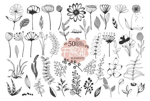Beautiful big set of floral elements. 50 hand drawn doodle sketch flowers Stock Illustration