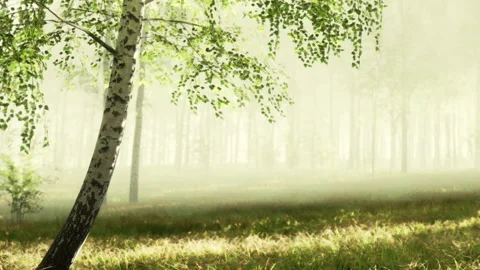 Beautiful Birch Tree in a Serene Misty Forest Setting at Dawn Stock Footage 344910076