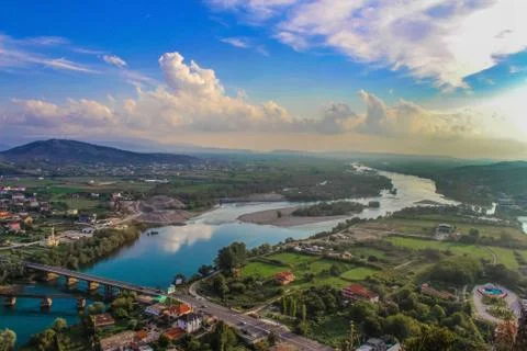 Beautiful bird eye view on Shkoder city from Rozafa Castle, albanian nature a Stock Photos