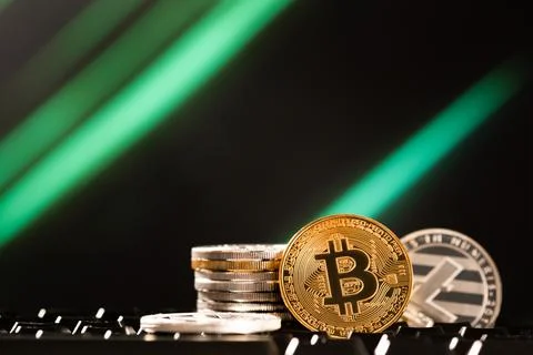 Beautiful bitcoin and litecoin with stack of cryptocurrency coin on an abstract Stock Photos