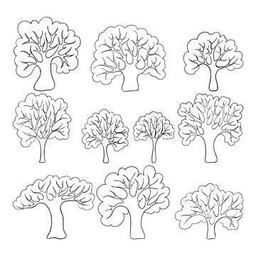 Beautiful black and white set of hand drawn doodle trees Isolated sketch fo.. Stock Illustration