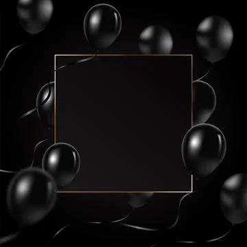Beautiful black balloons vector randomly flying over gold frame. Party elegant 스톡 일러스트