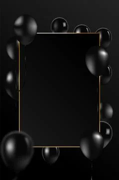 Beautiful black balloons vector randomly flying over gold frame. Party elegant 스톡 일러스트