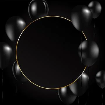 Beautiful black balloons vector randomly flying over gold frame. Party elegant Stock Illustration