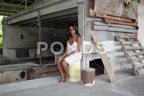Beautiful black woman at abandoned warehouse (22) Stock Photos