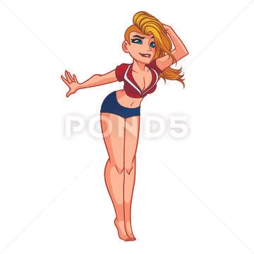 Beautiful blonde girl with bob hairstyle, in pin up style, white background Stock Illustration