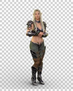 Beautiful blonde haired elf warrior woman standing in elven armour costume. 3 Stock Illustration