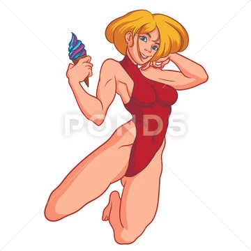 Beautiful blonde woman with amazing figure is holding an ice cream Stock Illustration