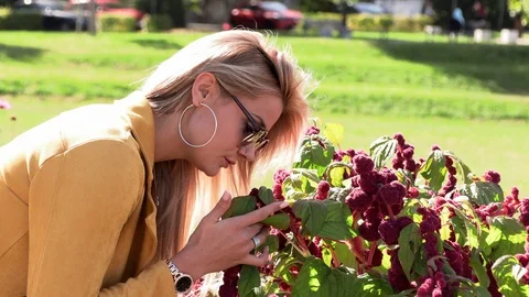 Beautiful blonde in a yellow jacket sniffs flowers Stock Footage 116647795
