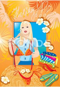 Beautiful blondy girl try on bikini and dreaming about holiday (vocation post Stock Illustration