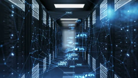 Beautiful Blue Abstract Numbers Moving in Abstract Server Room with DOF Blur Stock Footage
